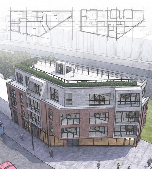 Planning architectural drawing sketch for a corner plot flat development