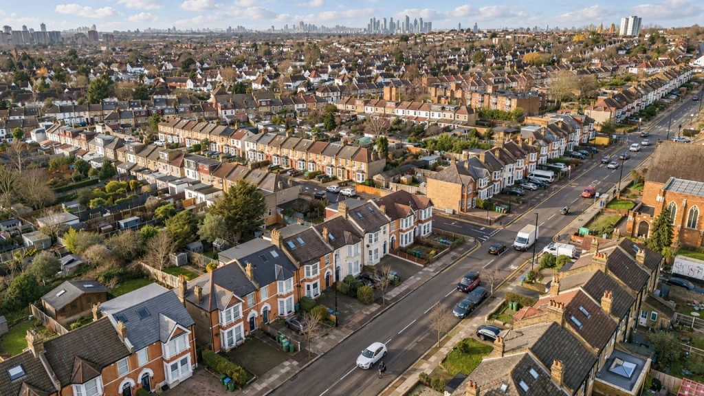 Aerial view of London residential streets, showing rows of terraced houses, rear gardens and the city skyline in the distance.