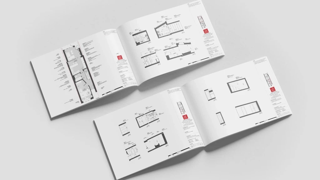 Two open architectural drawing booklets by Urbanist Architecture showing annotated floor plans, sections and construction details for a London HMO project.