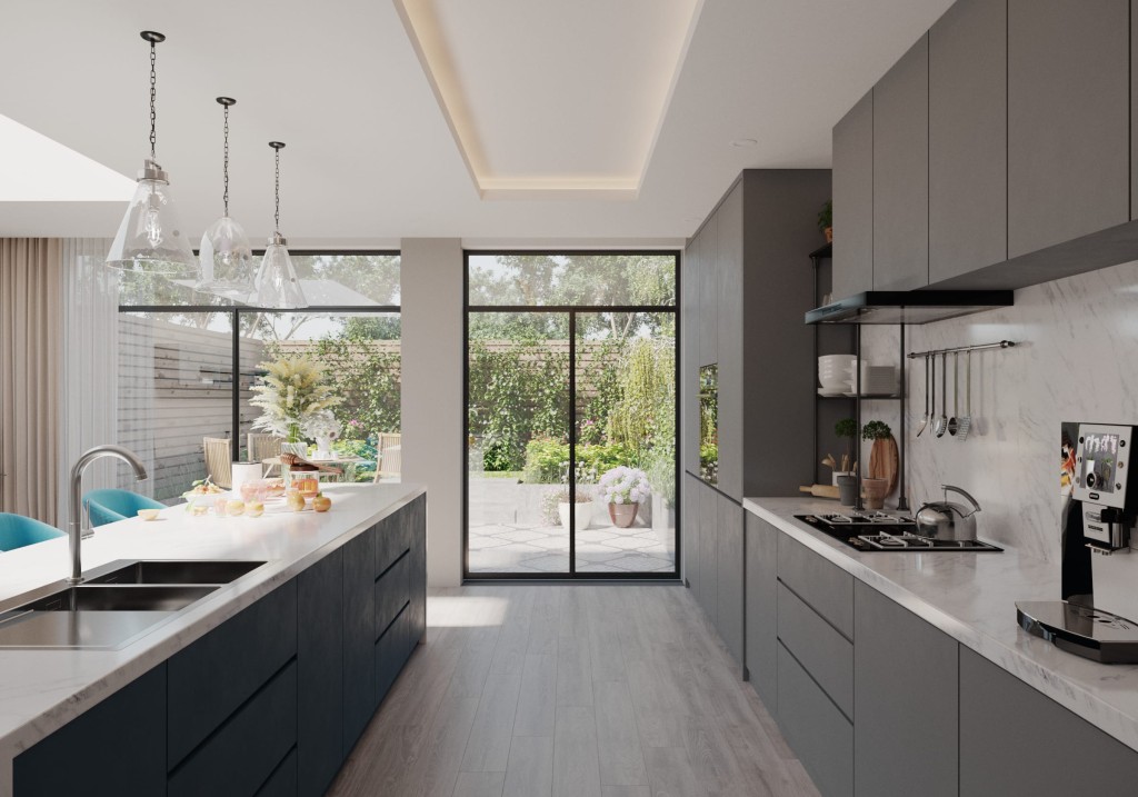 Modern kitchen interior with sleek gray cabinets, marble countertops, and pendant lighting, opening up to a garden view through large glass doors, illuminated by natural light.