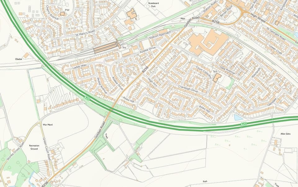 Illustrative map of the neighbourhood of Swanley with the A20 motorway highlighted in green