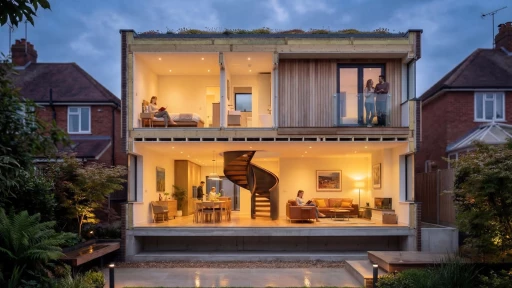 AI-generated 3D section view of a contemporary two-storey house with a flat green roof, large glazed openings and a landscaped garden, set between traditional brick suburban homes.