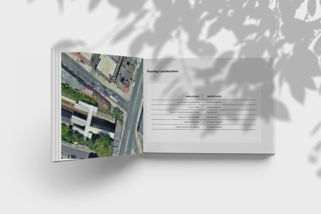 Feasibility assessment report featuring an aerial view of a potential infill development site, highlighting planning considerations such as light, amenity, and building impact in an urban environment.