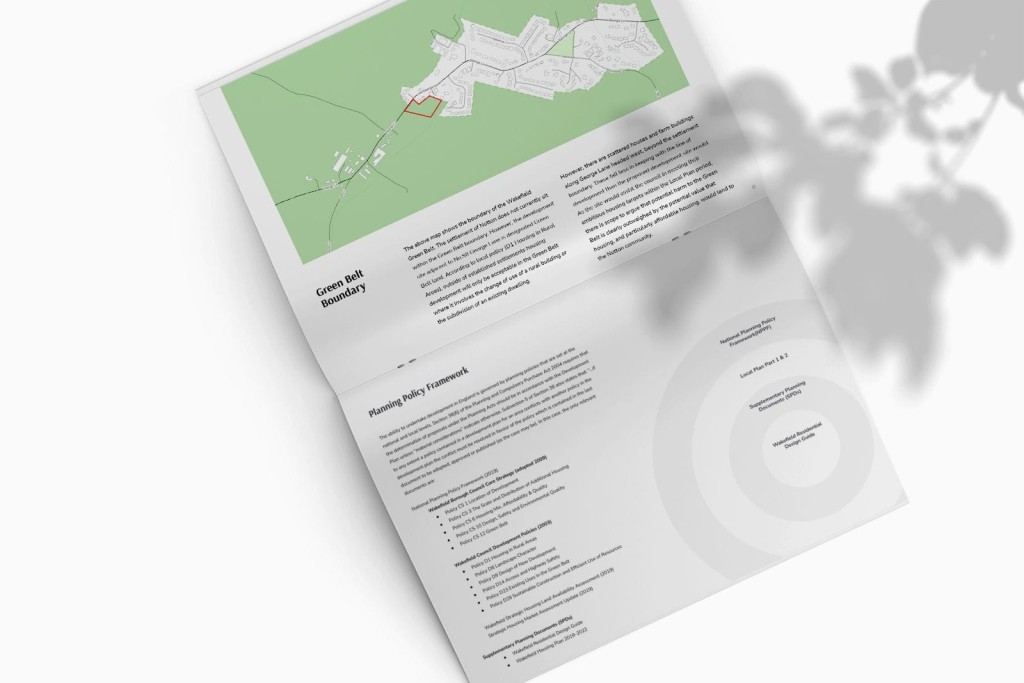 Green Belt feasibility assessment document showing site boundaries and planning policy framework, emphasising the detailed research required for developing projects in protected areas.