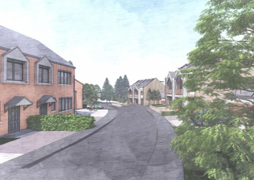 Street view of a proposed housing development with modern townhouses and greenery, showcasing a feasibility study for new residential construction in a rural area.