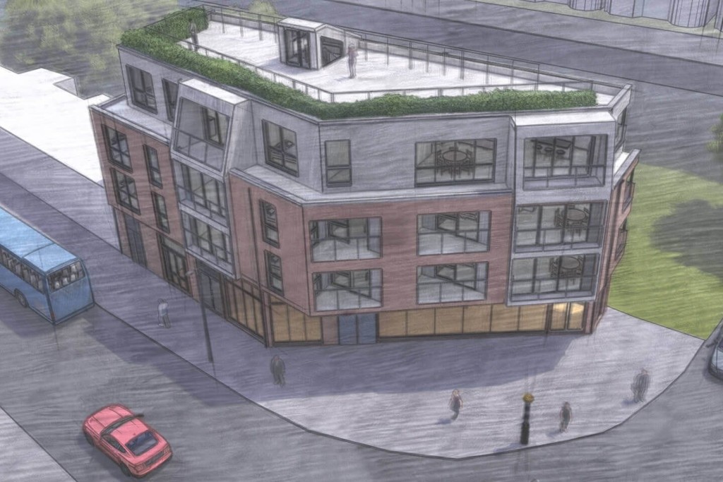 Architectural rendering of a modern multi-storey building with large windows, rooftop greenery, and street-level commercial space, demonstrating an example of urban development planning and design by Urbanist Architecture.
