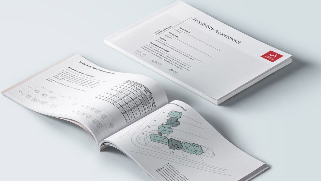 Feasibility assessment reports by Urbanist Architecture, showcasing detailed technical housing standards and development potential analysis with massing illustrations, highlighting the comprehensive process involved in evaluating the feasibility of architectural projects.
