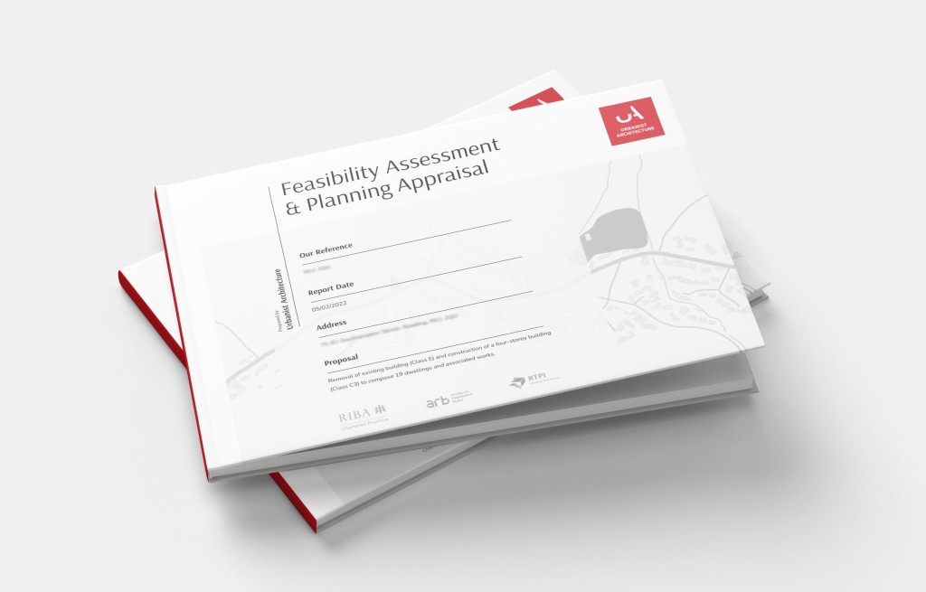 Feasibility Assessment & Planning Appraisal report by Urbanist Architecture, detailing the proposal for removal of existing building and construction of a four-storey building with 19 dwellings. The image showcases professional planning documentation essential for successful property development projects.