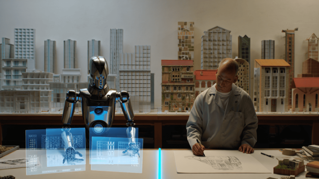 A humanoid robot collaborates with a human architect at a design desk surrounded by building models, illustrating the evolving partnership and ethical boundaries of AI in architecture.