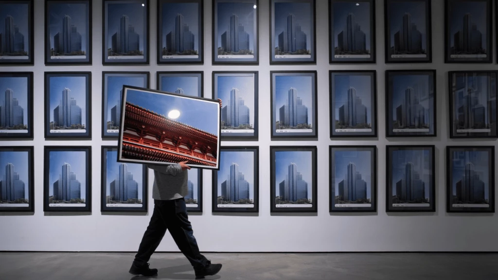 A person walks past a gallery wall filled with identical modern skyscraper images while holding a contrasting photo of traditional architecture, symbolising cultural erosion and raising questions about the role of AI in architecture.