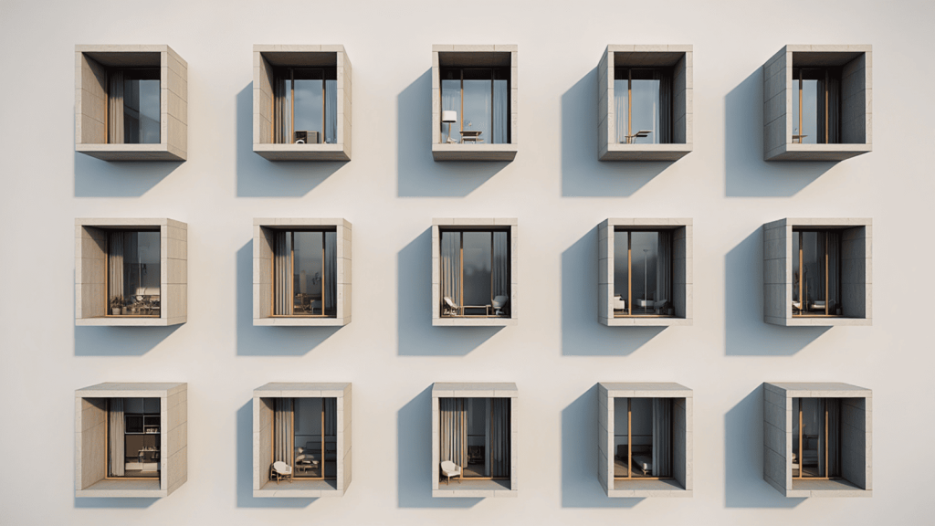 A minimalist grid of cube-shaped window modules on a modern building facade, each offering a glimpse into individual living spaces—an architectural visualisation that highlights the modular design capabilities enabled by AI in architecture.