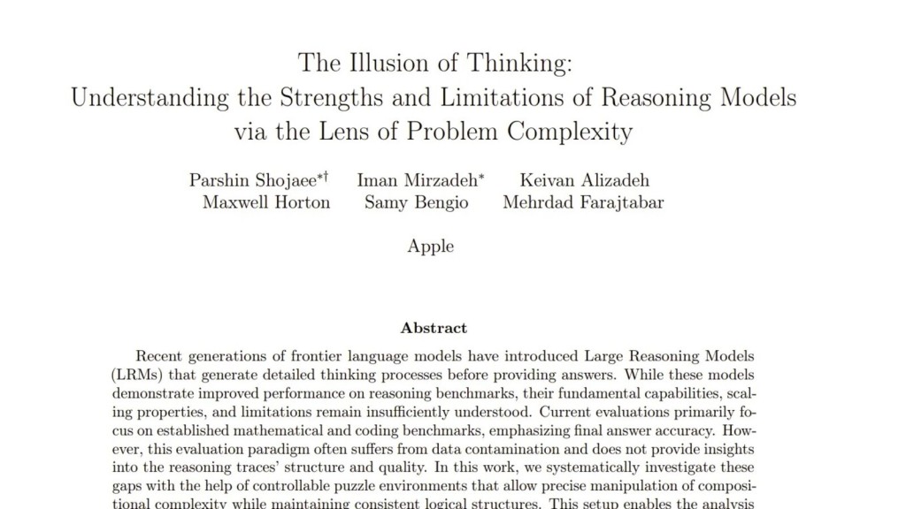 Cover page of a research paper titled The Illusion of Thinking, critiquing reasoning models, indirectly prompting reflection on the limitations of AI in architecture and other complex domains.