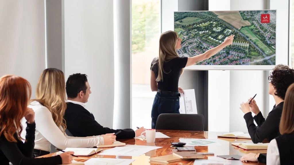 Architectural team reviewing a masterplan on a screen during a project meeting, illustrating planning strategy, site analysis, and the practical implications of Autumn Budget 2025 for development delivery.
