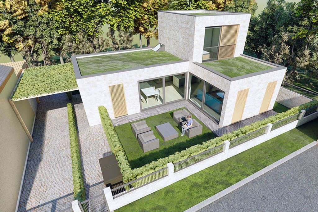 Eco-friendly urban house design featuring a green rooftop, large glass windows, and an outdoor patio with furniture, set in a landscaped garden with hedges, showcasing sustainable living and modern architecture.