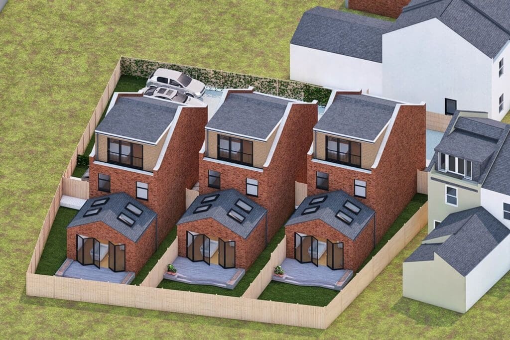 3D architectural visualisation of a backland housing development with three brick townhouses featuring dark grey roofs and private fenced backyards, illustrating efficient use of suburban residential space for potential homeowners.