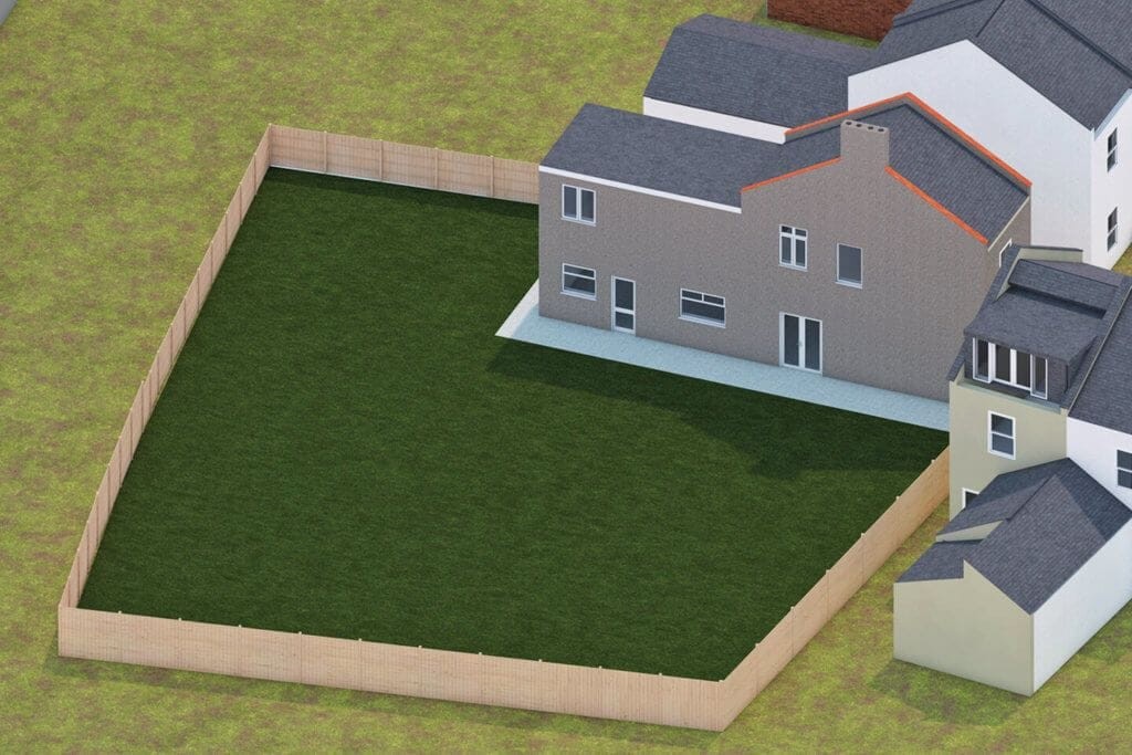 3D rendering of a backland development concept showing a spacious green lawn surrounded by a wooden fence with modern grey houses in the background, demonstrating potential for garden building projects.