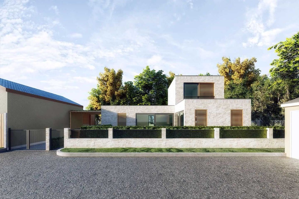 Modern minimalist residential design featuring a two-storey house with a flat roof, large windows with wooden shutters, and a surrounding hedge, against a backdrop of mature trees under a clear sky, reflecting contemporary urban architecture.