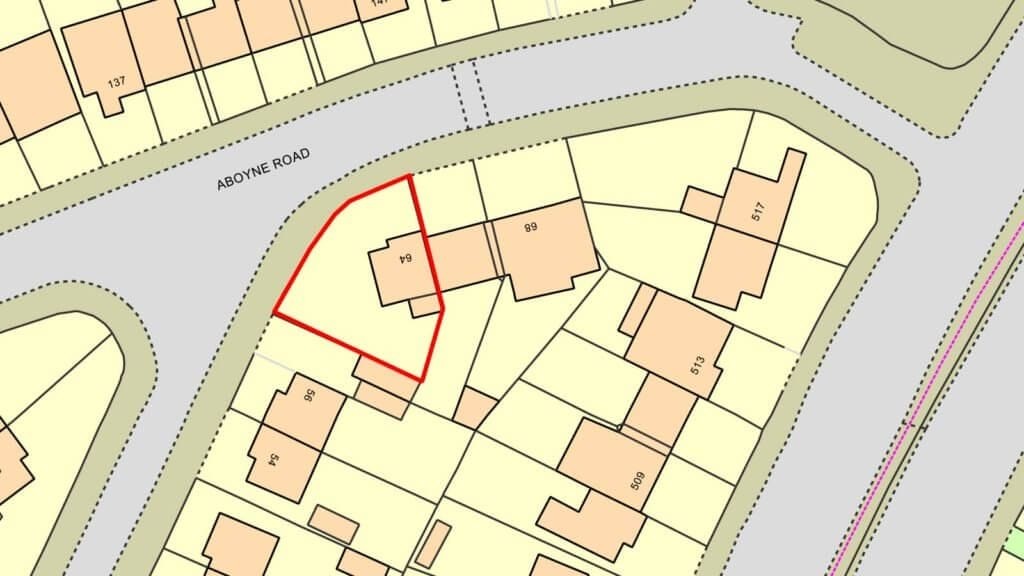 Detailed cadastral map showing an outlined plot of land along Aboyne Road with red boundary lines, set amidst a neighborhood with numbered properties, for targeted real estate and development planning.