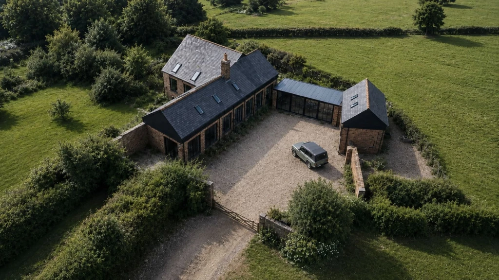 A contemporary barn conversion in the Green Belt arranged around a carefully composed courtyard configuration, where two restored brick-and-timber wings frame a sheltered gravelled arrival space and glazed central link to create a cohesive rural house..