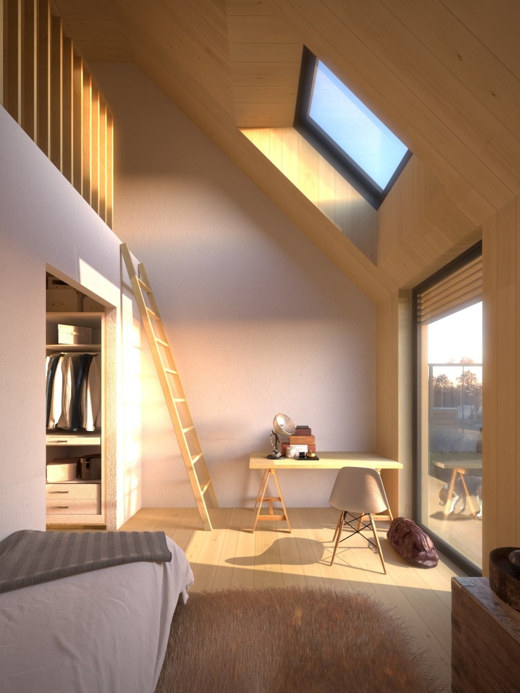 Sun-drenched bedroom in a barn conversion with skylight windows, featuring natural wooden interiors, a cosy bed with a fur throw, a minimalist desk with vintage decor, and a ladder leading to an upper nook, encapsulating modern rustic elegance.