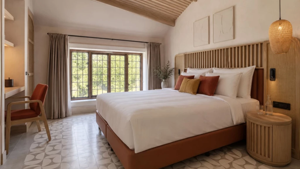 A softly layered new bedroom within a successful barn conversion, where luxury interior design brings together warm oak joinery, patterned tiles, woven lighting and generous heritage-style glazing overlooking the countryside.