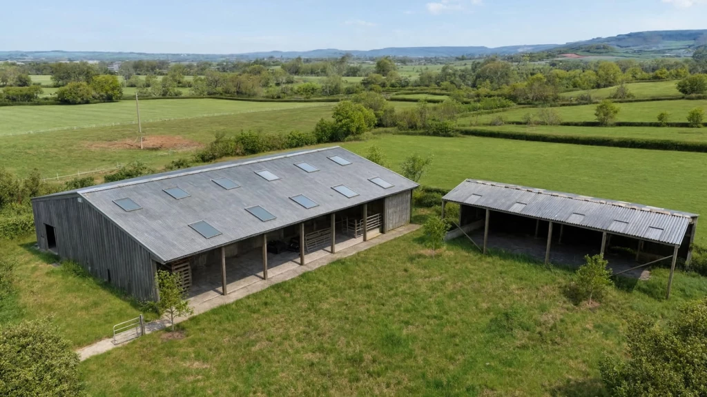 Aerial view of two traditional agricultural barns surrounded by open fields and hedgerows in the English countryside, with the larger well-enclosed building showing high potential for conversion into a home under Class Q permitted development rights.