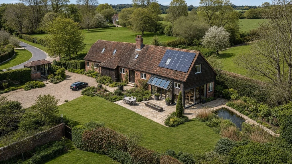 Aerial view of a large, high-end converted barn in the English countryside, with traditional timber cladding, a clay-tiled roof, landscaped gardens and open farmland surrounding the finished rural home.