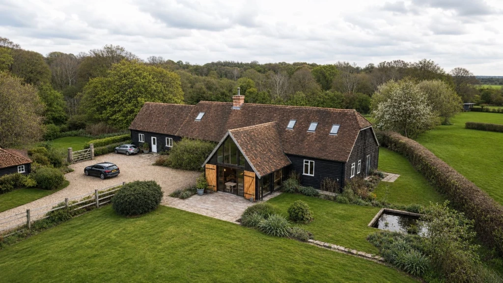 A beautifully restored barn home in the Green Belt, where a traditional timber-clad agricultural building has been transformed through Class Q prior approval consent into a refined countryside residence with a glazed entrance, landscaped gardens and far-reaching rural views.