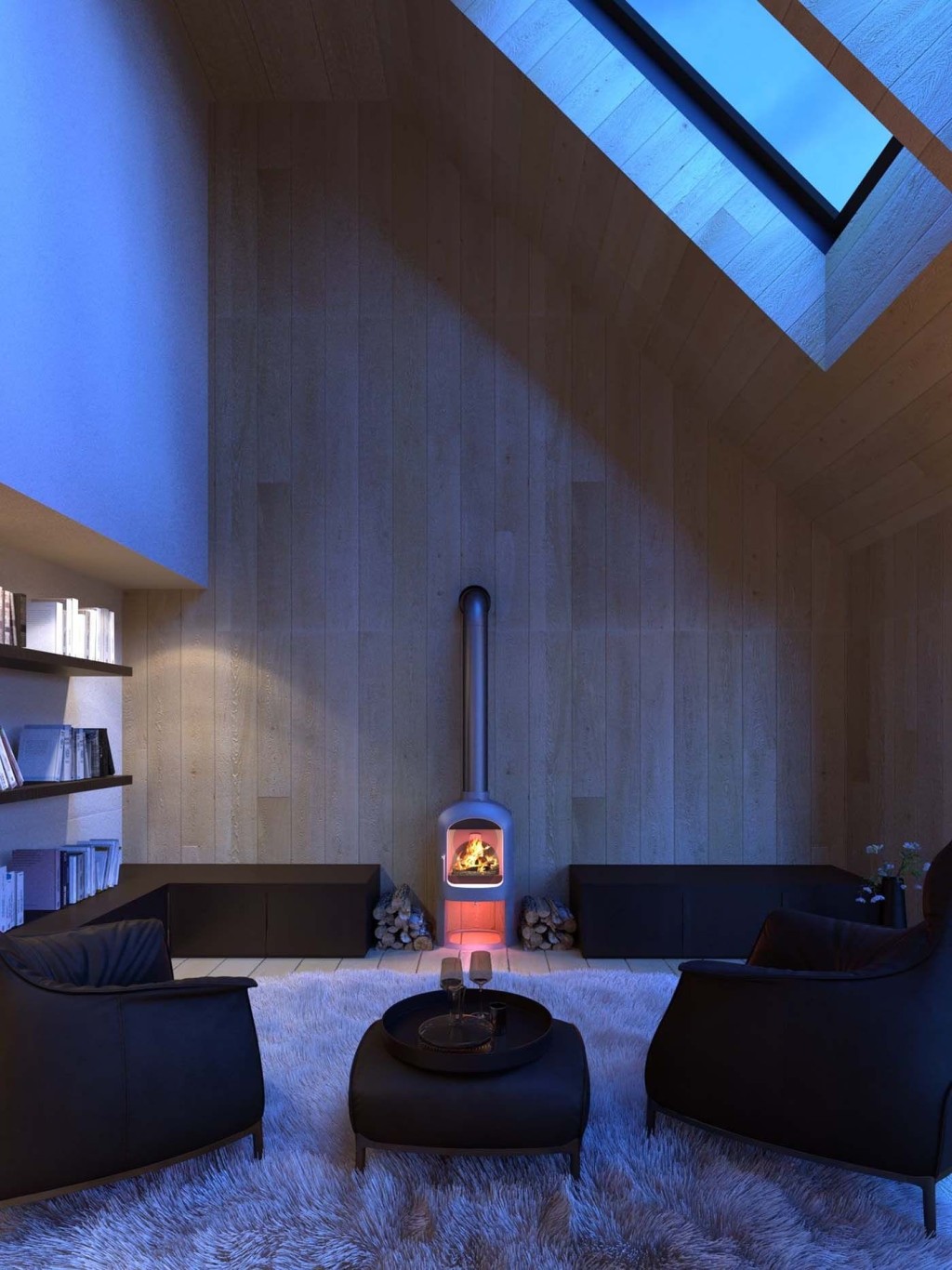 Cosy modern living space within a barn conversion, featuring a warm glowing wood stove, plush black sofas, and a skylight revealing the night sky, all atop a luxurious white shag rug, embodying sophisticated rural living.