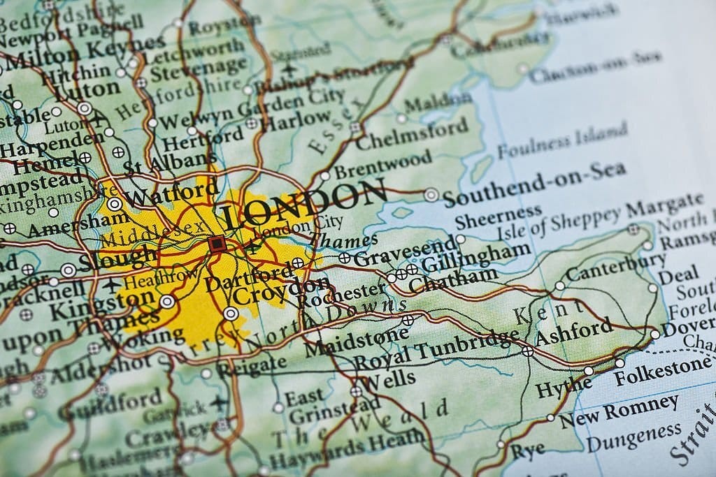 Close-up of a map highlighting London and surrounding areas including Watford, Dartford, Croydon, and Kent with major road connections and geographical details.