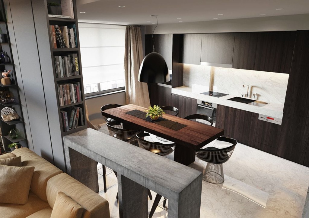 Contemporary London interior design featuring a modern kitchen with dark wood cabinetry, marble countertops, and a sleek built-in oven. The open-plan layout includes a stylish dining area with a wooden table and designer wire-frame chairs. A large black pendant light hangs over the dining table, adding a touch of sophistication. The space is enhanced by built-in bookshelves and a cosy beige sofa, creating a harmonious blend of functionality and aesthetics.
