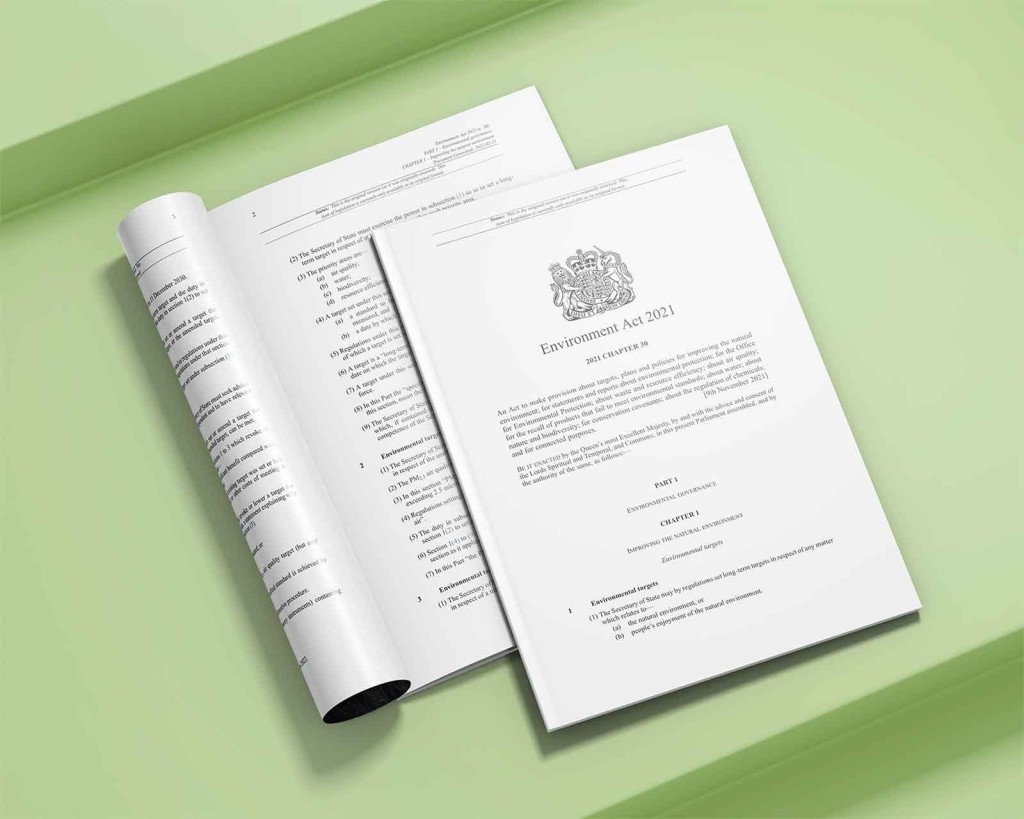 Open document of the Environment Act 2021 on a light green background, highlighting legal text relevant to environmental regulation and sustainable development practices.