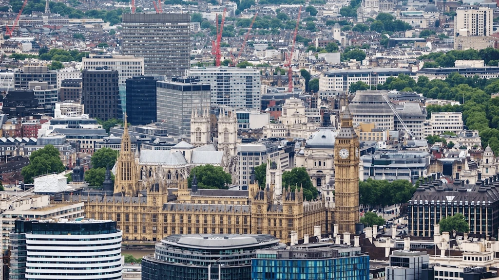 Aerial view of the UK Parliament and Big Ben in Westminster, London, illustrating Budget 2026 for landlords and property developers.