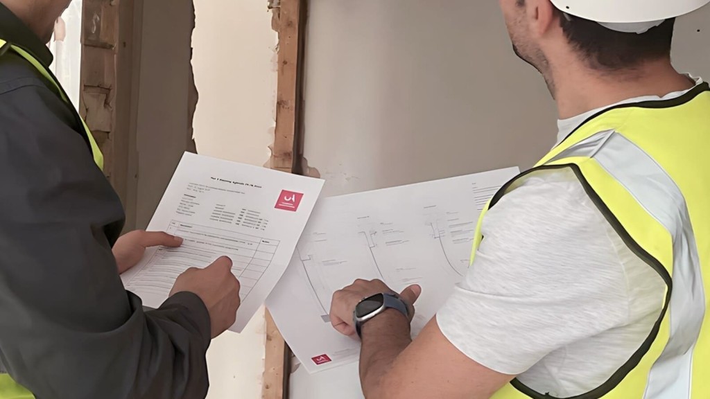 Two construction workers in high-visibility vests review building control documents inside a partially finished building.