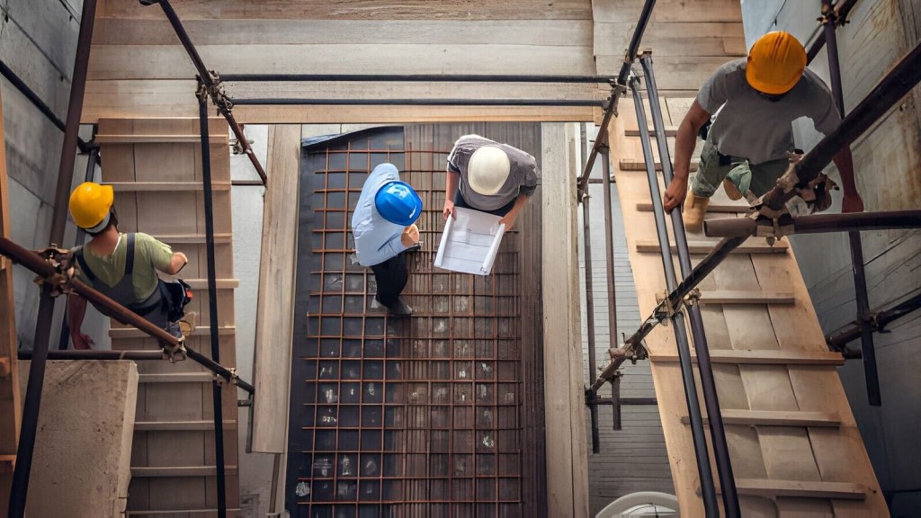 A group of construction workers in hard hats and safety gear are seen from above on scaffolding. Two of them are reviewing building plans, while others are working on the structure, ensuring building control and safety compliance.