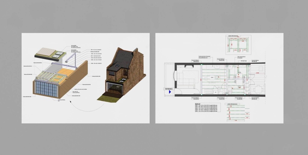 Detailed building regulations drawings for an extension project, showcasing an exploded view of construction components and a floor plan with technical specifications, prepared by Urbanist Architecture.