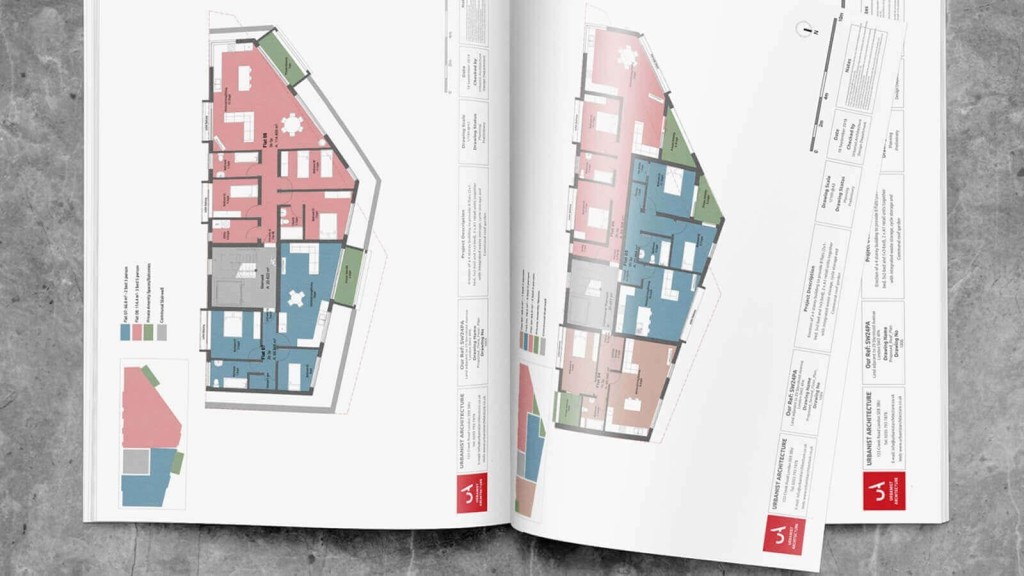 Open book displaying detailed planning drawings for a new build development, featuring colored floor plans and layouts by Urbanist Architecture, illustrating various room allocations and project specifications.