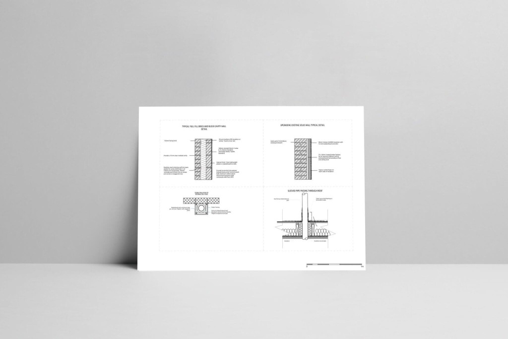 Detailed building regulations drawing showcasing typical full fill brick and block cavity wall, upgrading existing solid wall, sleeved pipe passing through roof, and window detail section. The precise construction illustrations highlight structural elements and compliance with building standards, essential for achieving building control approval and ensuring safe, high-quality construction.