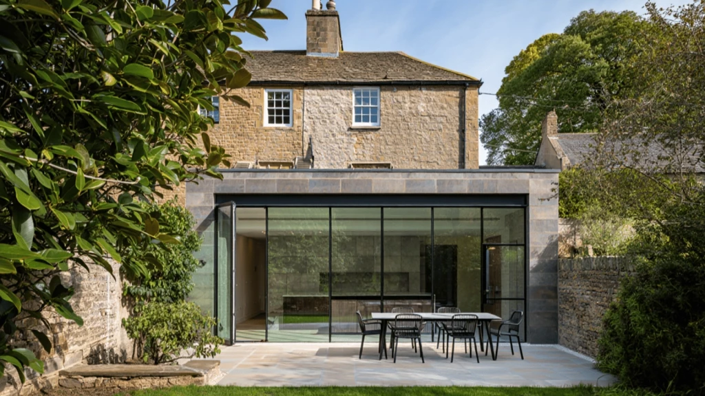 A contemporary glass and stone extension to a Grade 2 listed building, featuring full-height glazing and minimalist black frames that open onto a paved garden patio with outdoor dining, creating a seamless connection between historic architecture and modern design.
