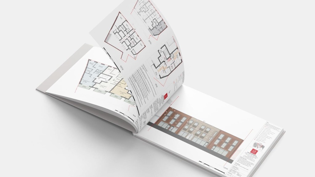 Architectural brochure spread open on a white surface, showing detailed floor plans and facade designs, indicative of comprehensive planning documentation.