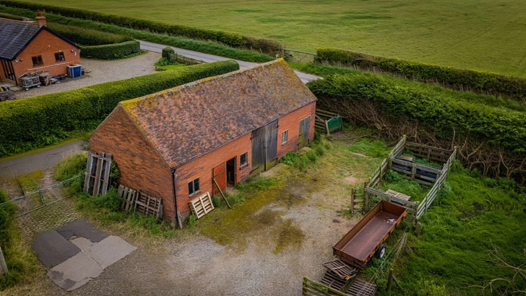 Aerial view of a traditional red brick farm building with yard and paddocks, illustrating a potential Class R agricultural building conversion.