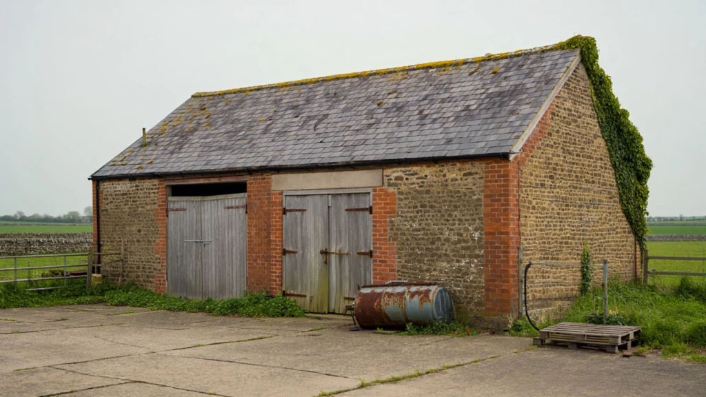 Traditional agricultural barn with stone and brick walls, illustrating a qualifying farm building for Class R permitted development conversion.