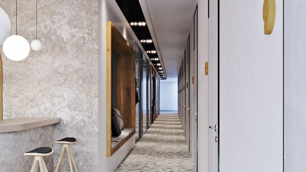 Modern co-living space corridor with minimalist design, featuring spherical pendant lights, wooden accents, and stylish stools, creating a warm and inviting communal area.
