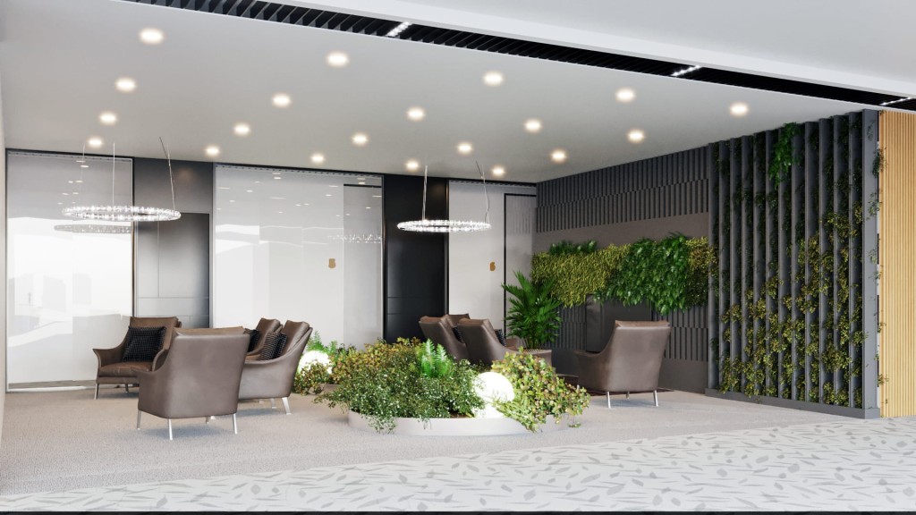 Modern lobby featuring comfortable leather armchairs, chic pendant lighting, and lush vertical gardens, creating a luxurious and green indoor environment.