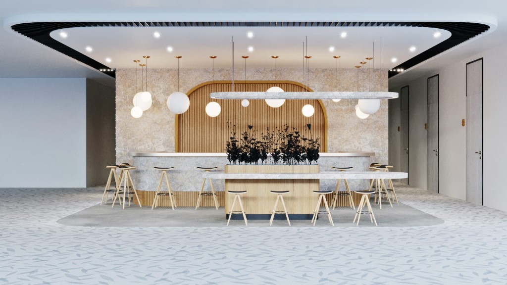 Modern and stylish hotel lobby bar with artistic lighting, wooden accents, designer stools, and ornamental plants, showcasing contemporary interior design and luxury hospitality.