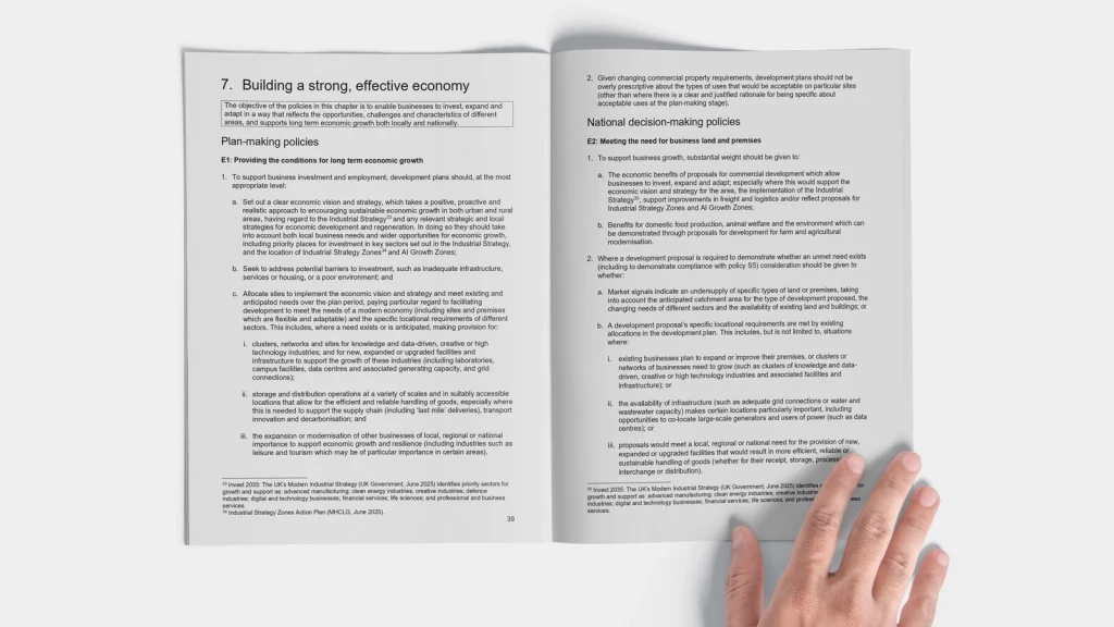 Alt text: Pages from draft NPPF 2025 showing Chapter 7, "Building a strong, effective economy." The left page sets out Plan-making policy E1 on providing conditions for long-term economic growth, including provisions for data centres, AI Growth Zones, and logistics infrastructure. The right page contains National decision-making policy E2 on meeting the need for business land and premises, with references to the Industrial Strategy and market signals for unmet demand. The layout demonstrates the framework's separation of plan-making and decision-making policies.