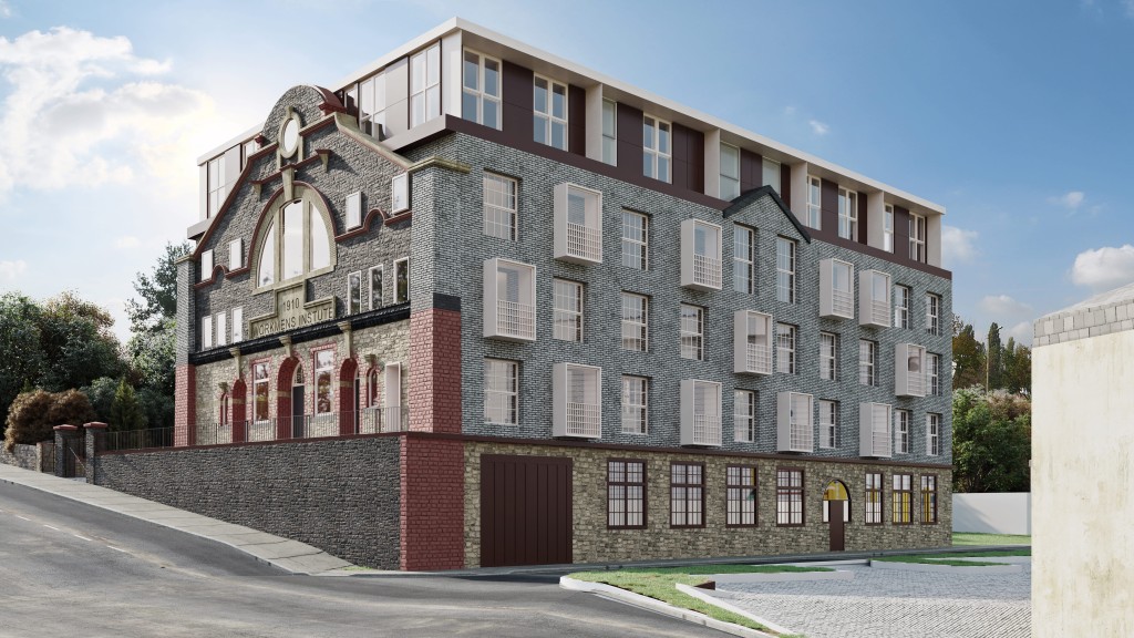 Architectural render of the proposal for a Bingo Hall formerly a Workmen's Institute in Wales to be converted, its facade refurbished and extended to accomodate for twenty-four flats varying in the number of bedrooms as well as allowing for private parking bays on the ground floor with secured gated access. 