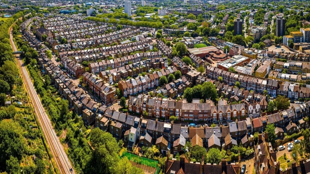 Aerial view of a dense London residential neighbourhood with curved rows of terraced houses, tree-lined streets and railway tracks, illustrating the borough-specific urban context in which flat amalgamation proposals are assessed.