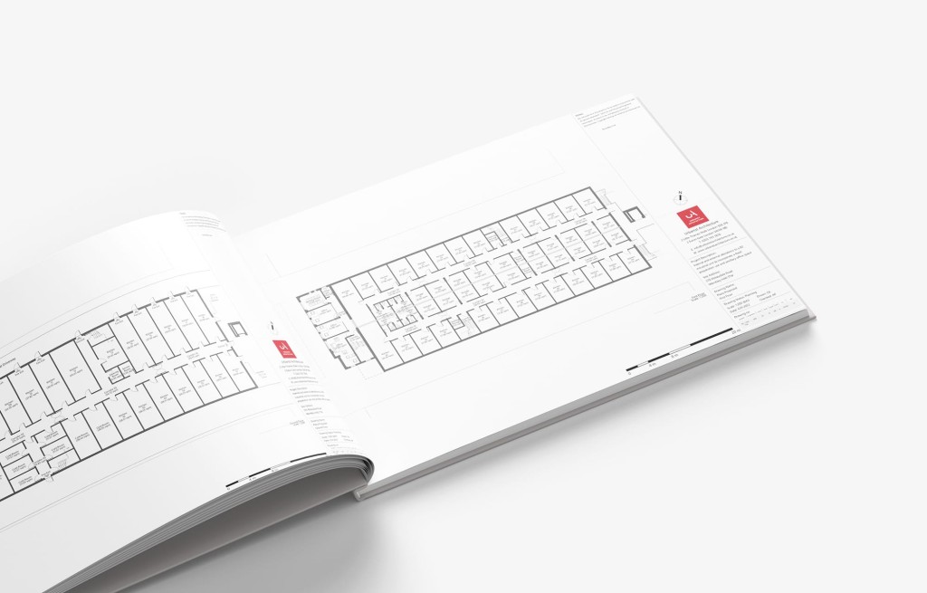 Urbanist Architecture's floorplan layout printed in a landscape booklet with pages open to showcase the conversion of a very large commercial property into an equally large dark kitchen developement to hold 44 commercial kitchens under one roof