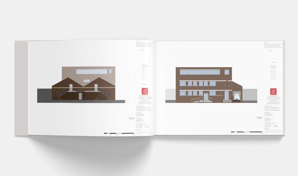 RIBA Chartered Architect's side elevations drawings printed on a landscape A3 booklet and opened at the pages in which the front and rear of the property is showcased including a delivery pickup bay